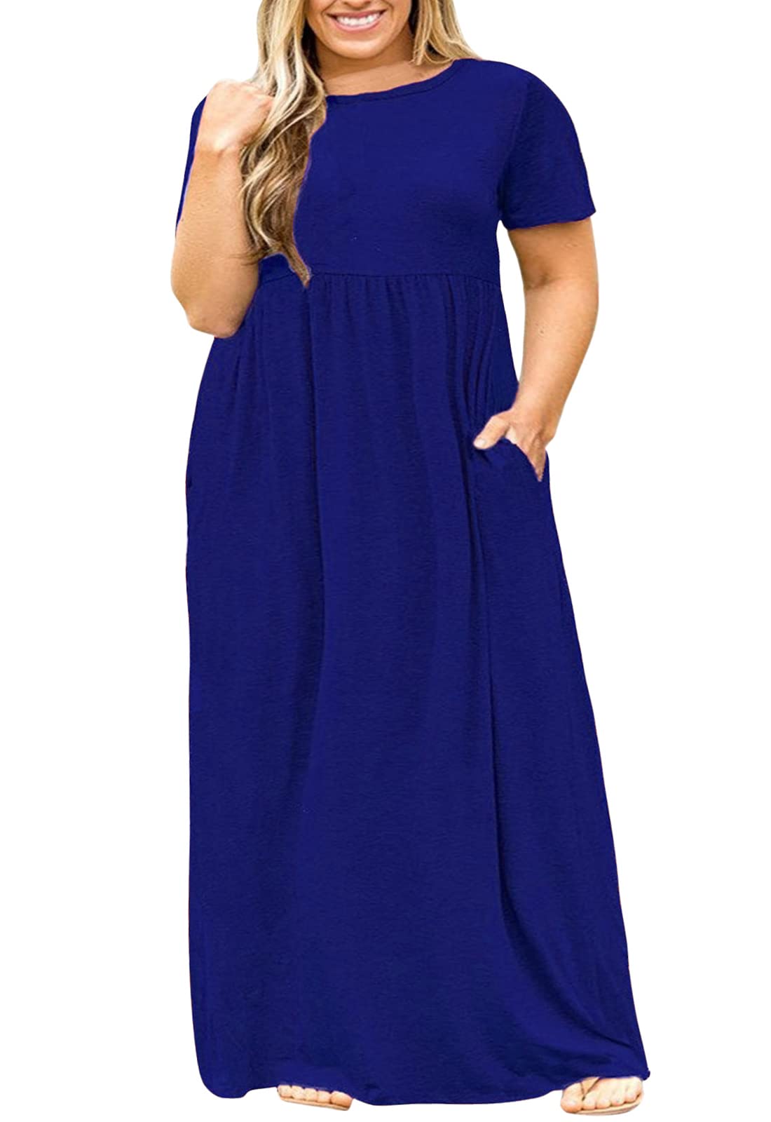 Nemidor Women Short Sleeve Loose Plain Casual Plus Size Long Maxi Dress with Pockets