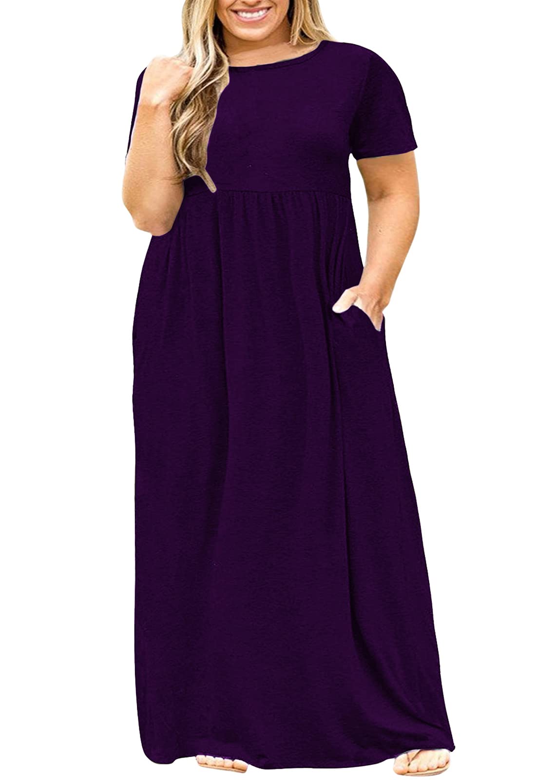 Nemidor Women Short Sleeve Loose Plain Casual Plus Size Long Maxi Dress with Pockets