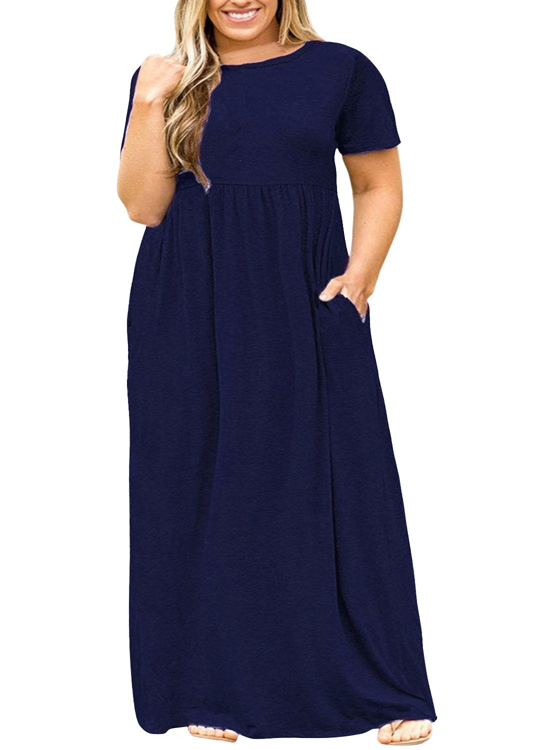 Nemidor Women Short Sleeve Loose Plain Casual Plus Size Long Maxi Dress with Pockets
