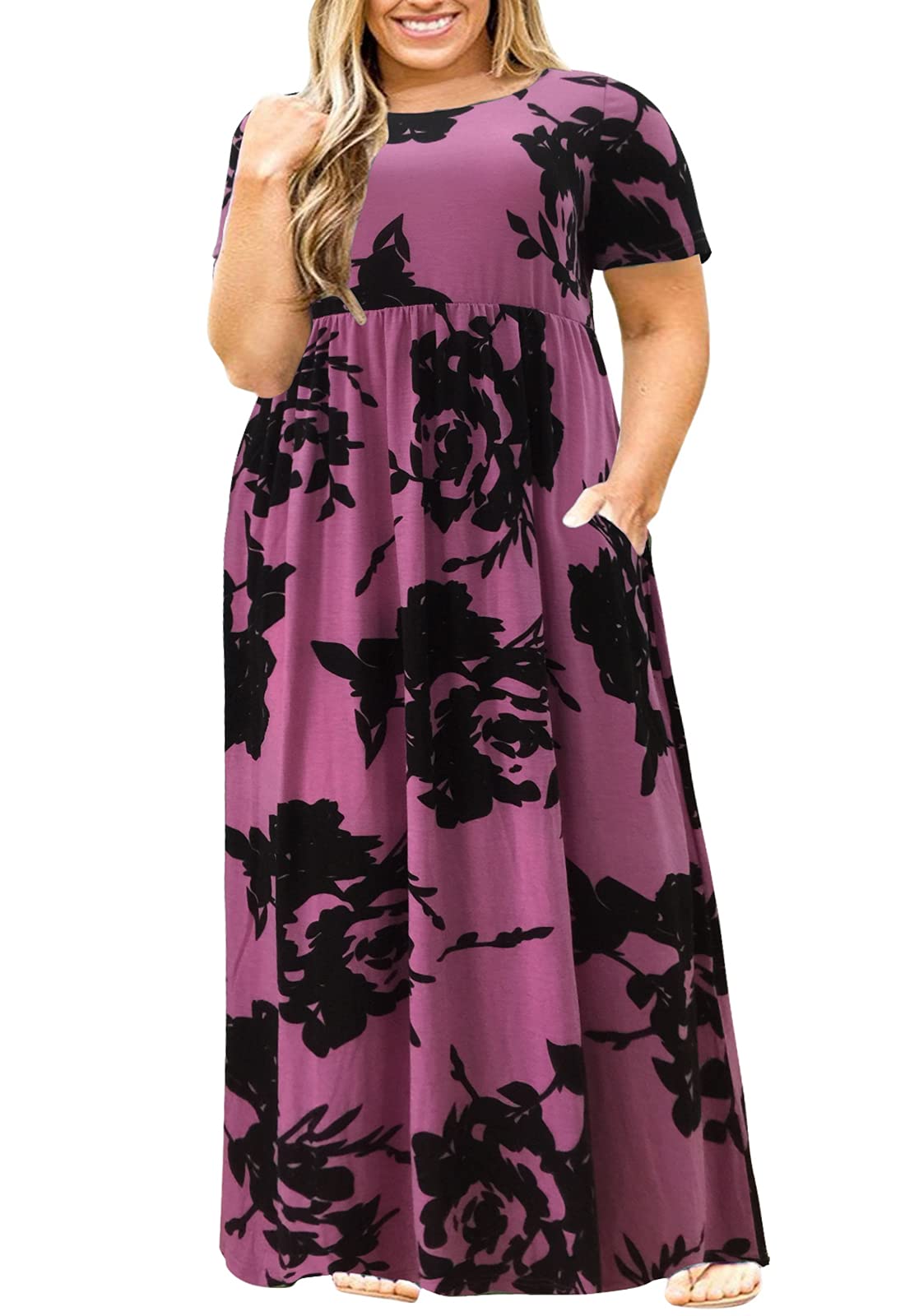 Nemidor Women Short Sleeve Loose Plain Casual Plus Size Long Maxi Dress with Pockets