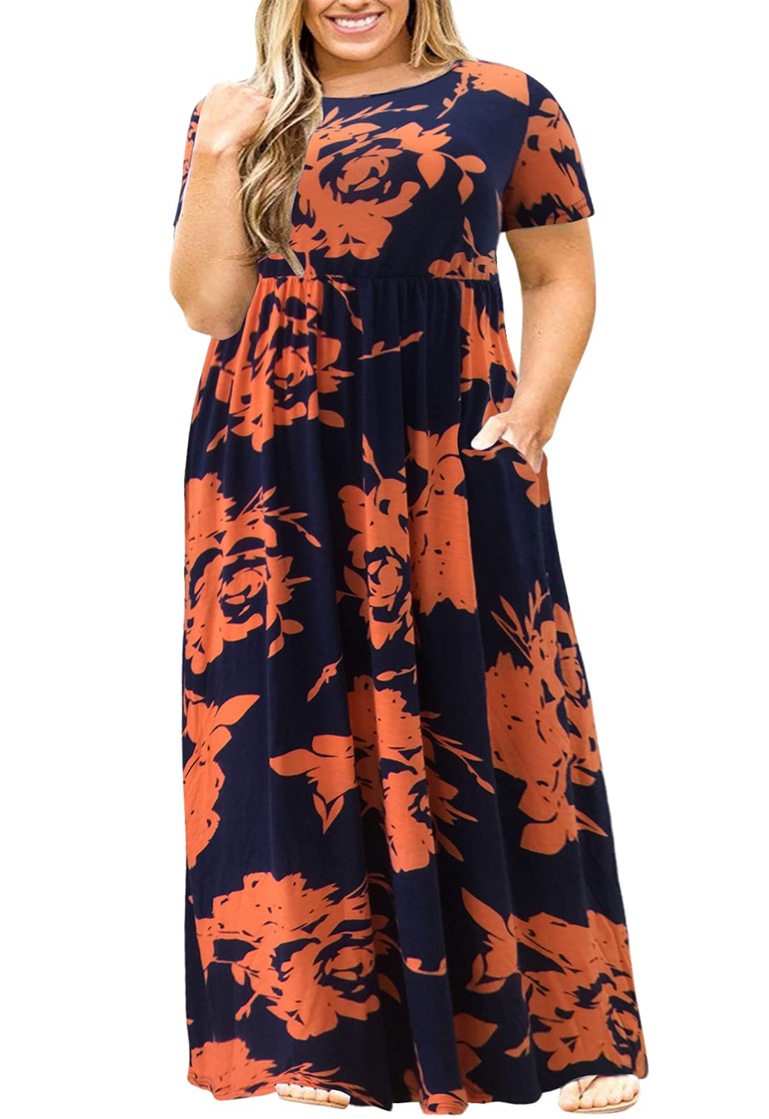 Nemidor Women Short Sleeve Loose Plain Casual Plus Size Long Maxi Dress with Pockets