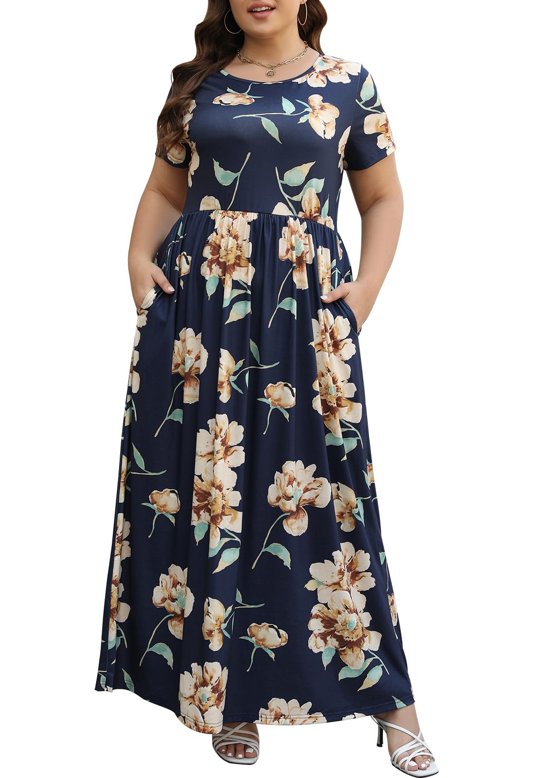 Nemidor Women Short Sleeve Loose Plain Casual Plus Size Long Maxi Dress with Pockets