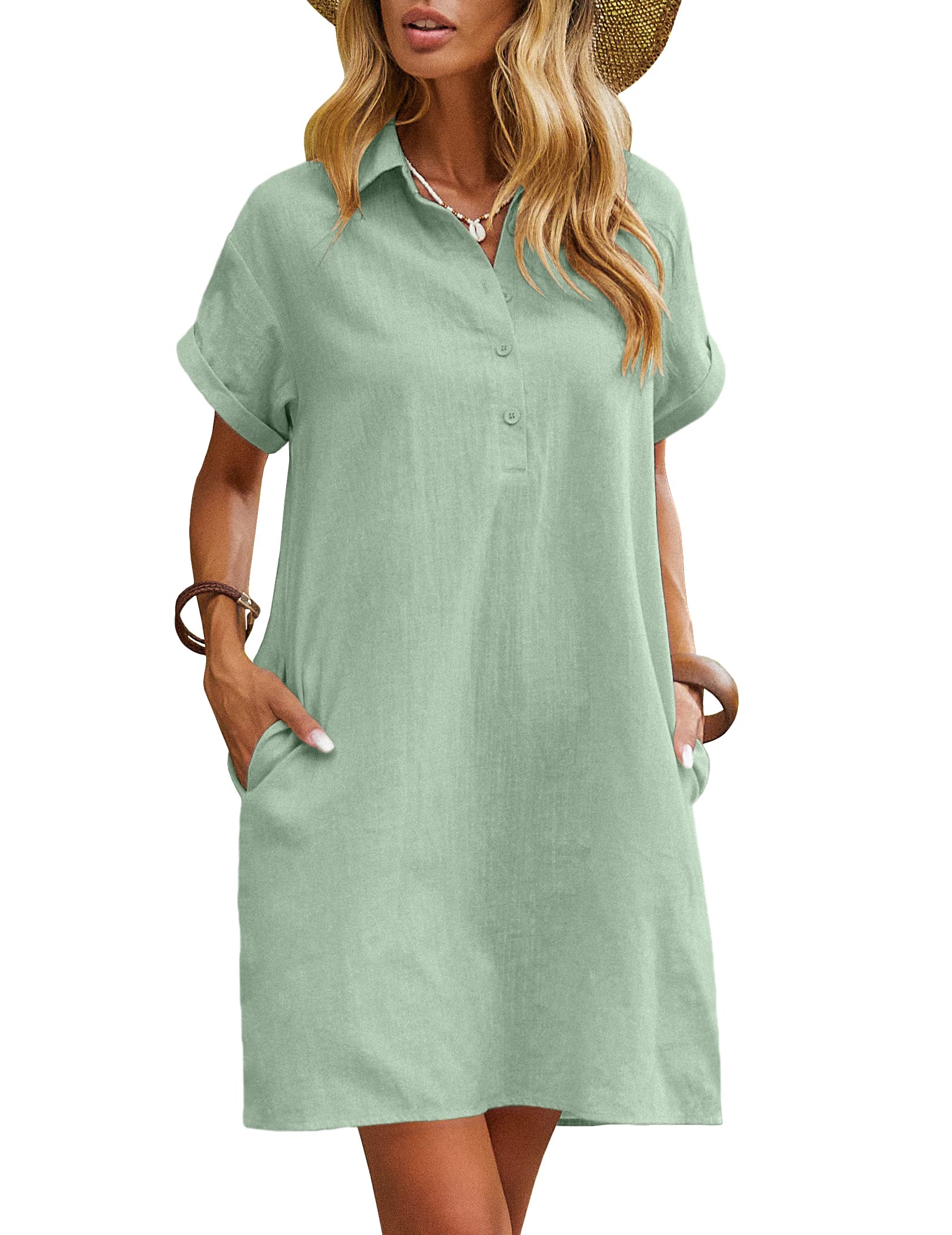 Zeagoo Women's Summer 100% Cotton Linen Dress Casual Short Sleeve Beach Dresses Tunic Dress with Pockets