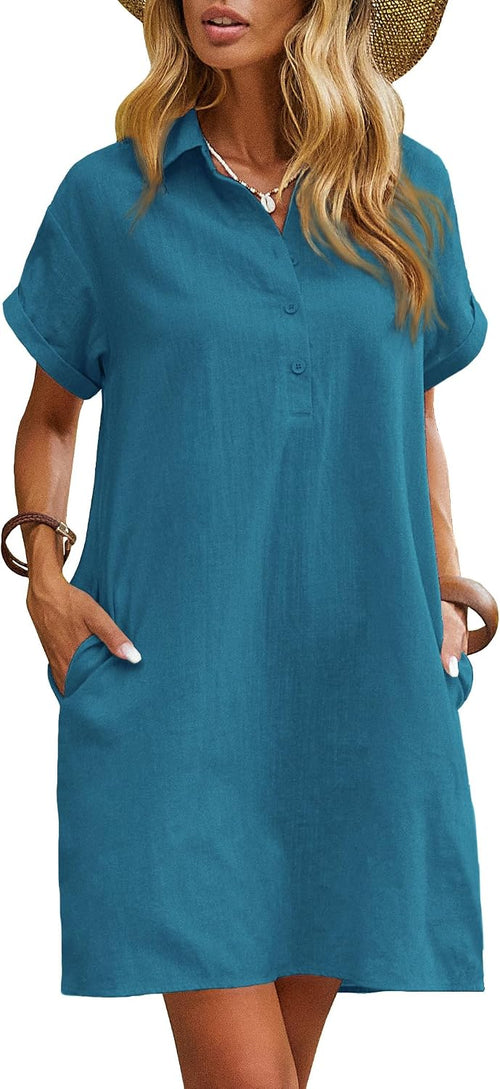 Zeagoo Women's Summer 100% Cotton Linen Dress Casual Short Sleeve Beach Dresses Tunic Dress with Pockets