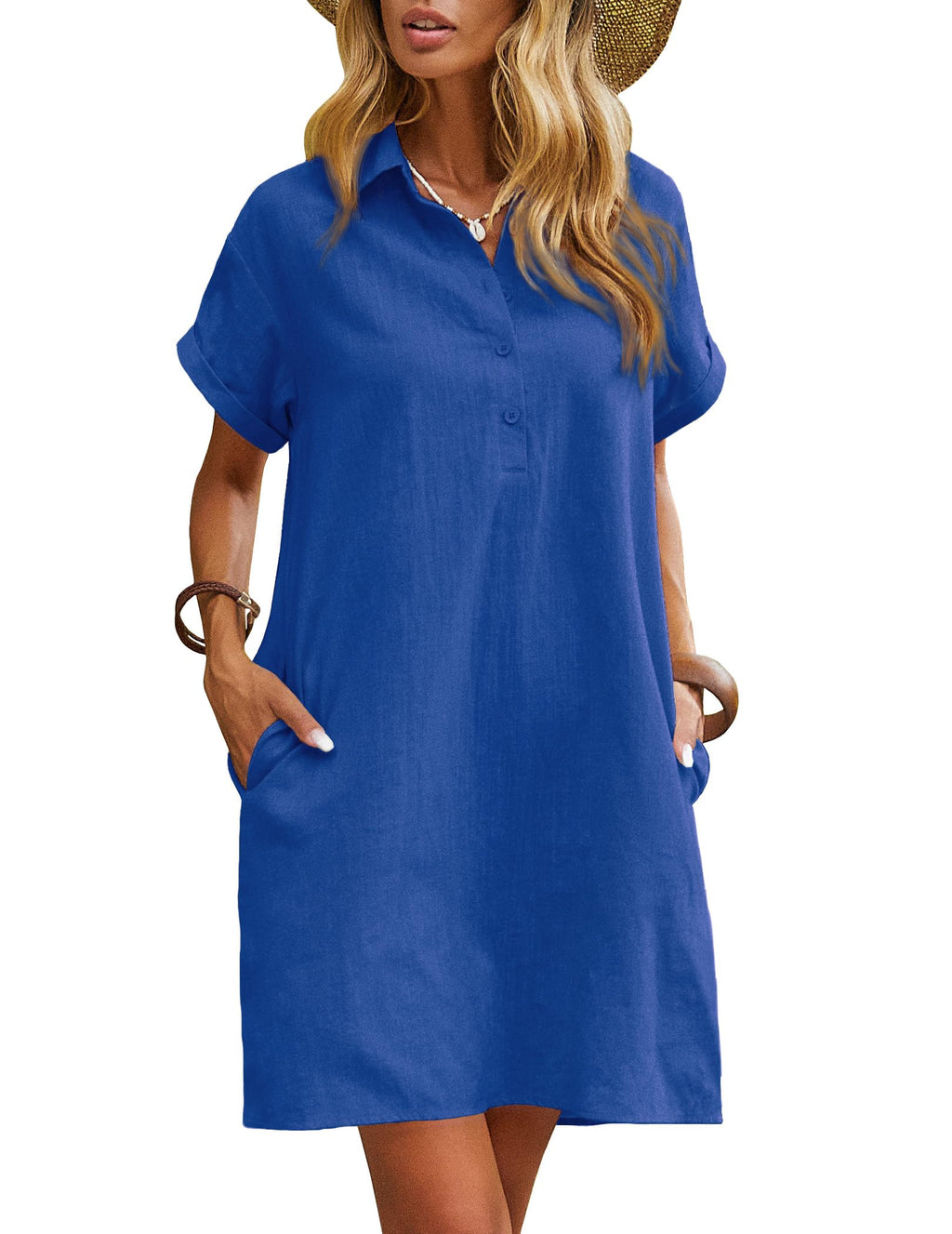Zeagoo Women's Summer 100% Cotton Linen Dress Casual Short Sleeve Beach Dresses Tunic Dress with Pockets