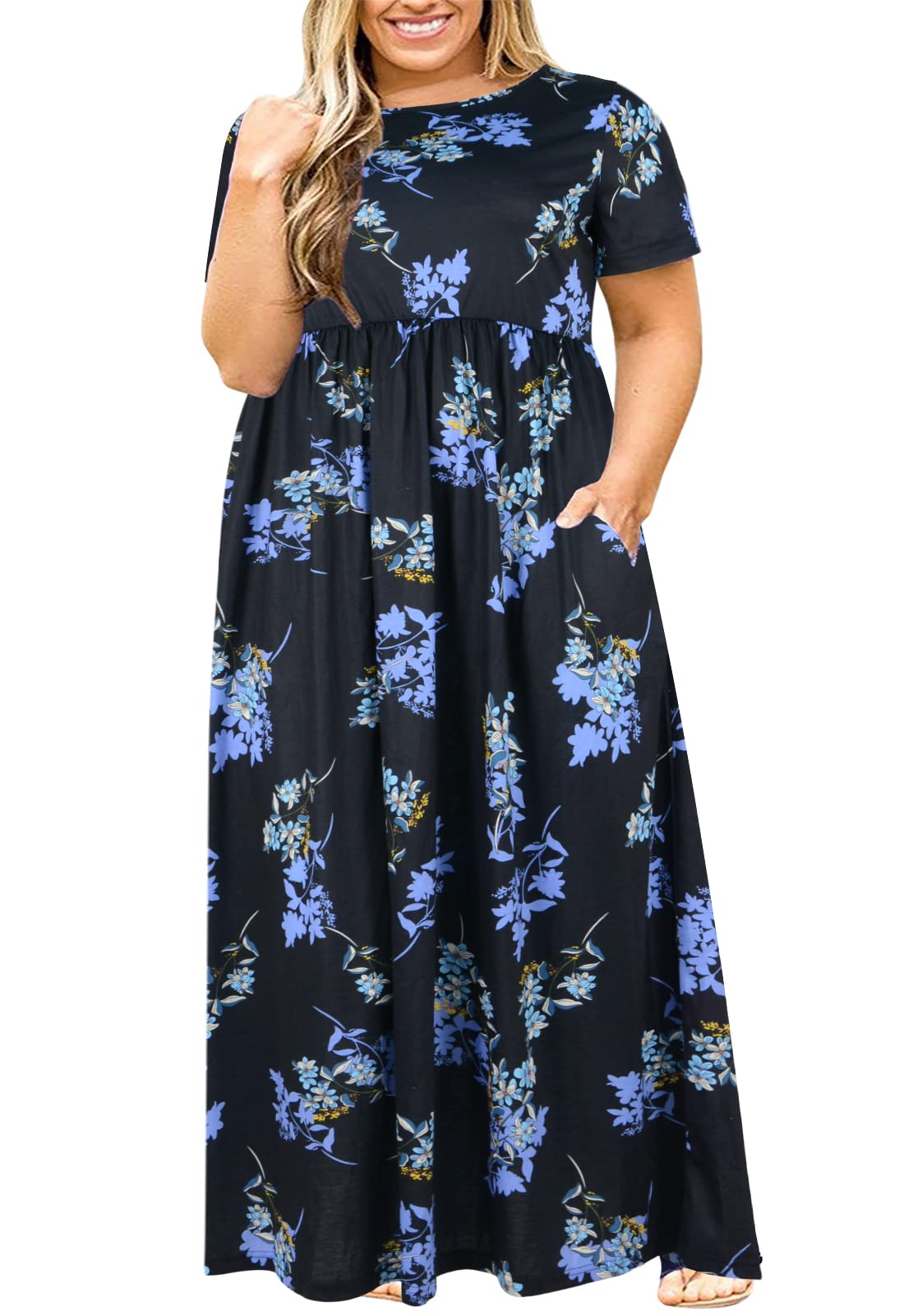 Nemidor Women Short Sleeve Loose Plain Casual Plus Size Long Maxi Dress with Pockets