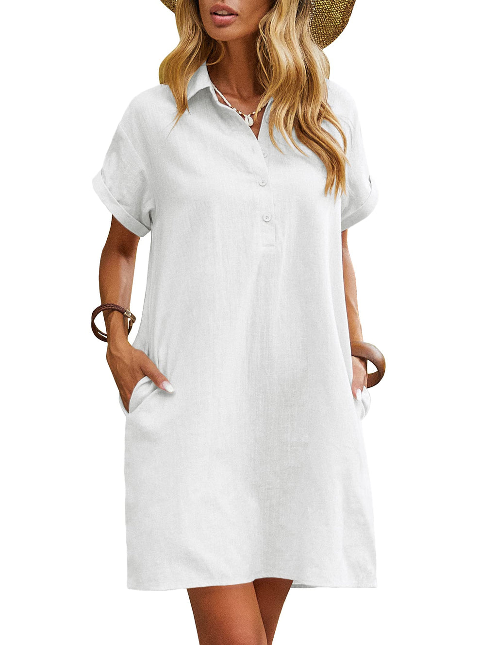 Zeagoo Women's Summer 100% Cotton Linen Dress Casual Short Sleeve Beach Dresses Tunic Dress with Pockets