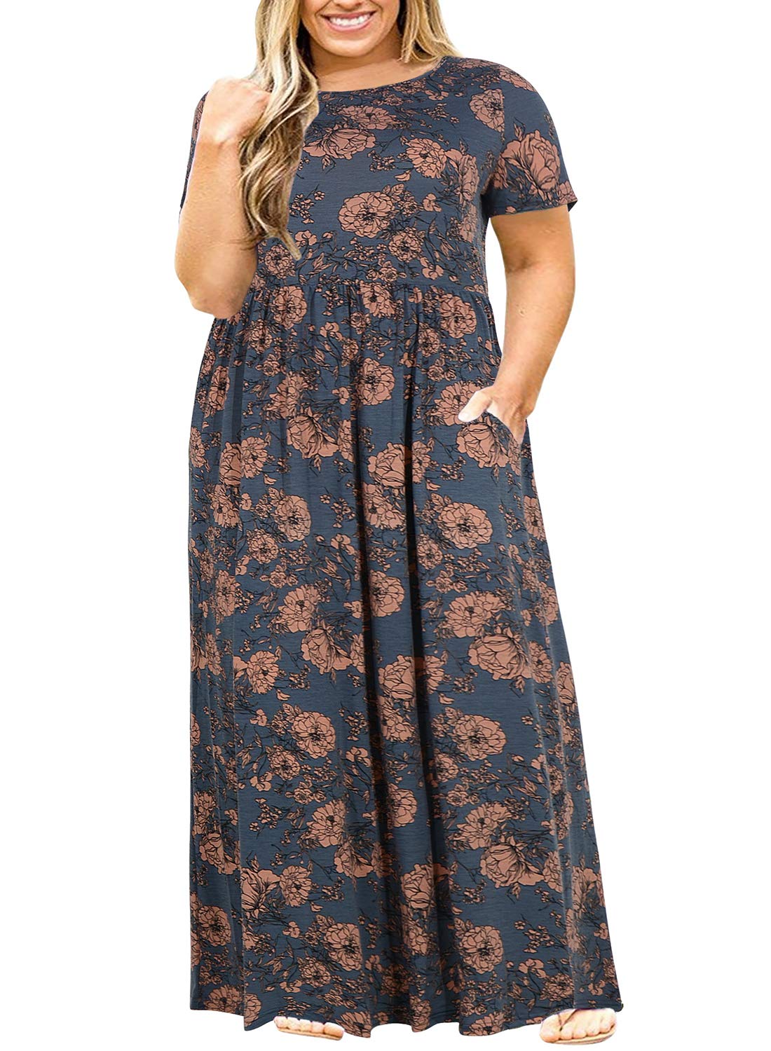 Nemidor Women Short Sleeve Loose Plain Casual Plus Size Long Maxi Dress with Pockets
