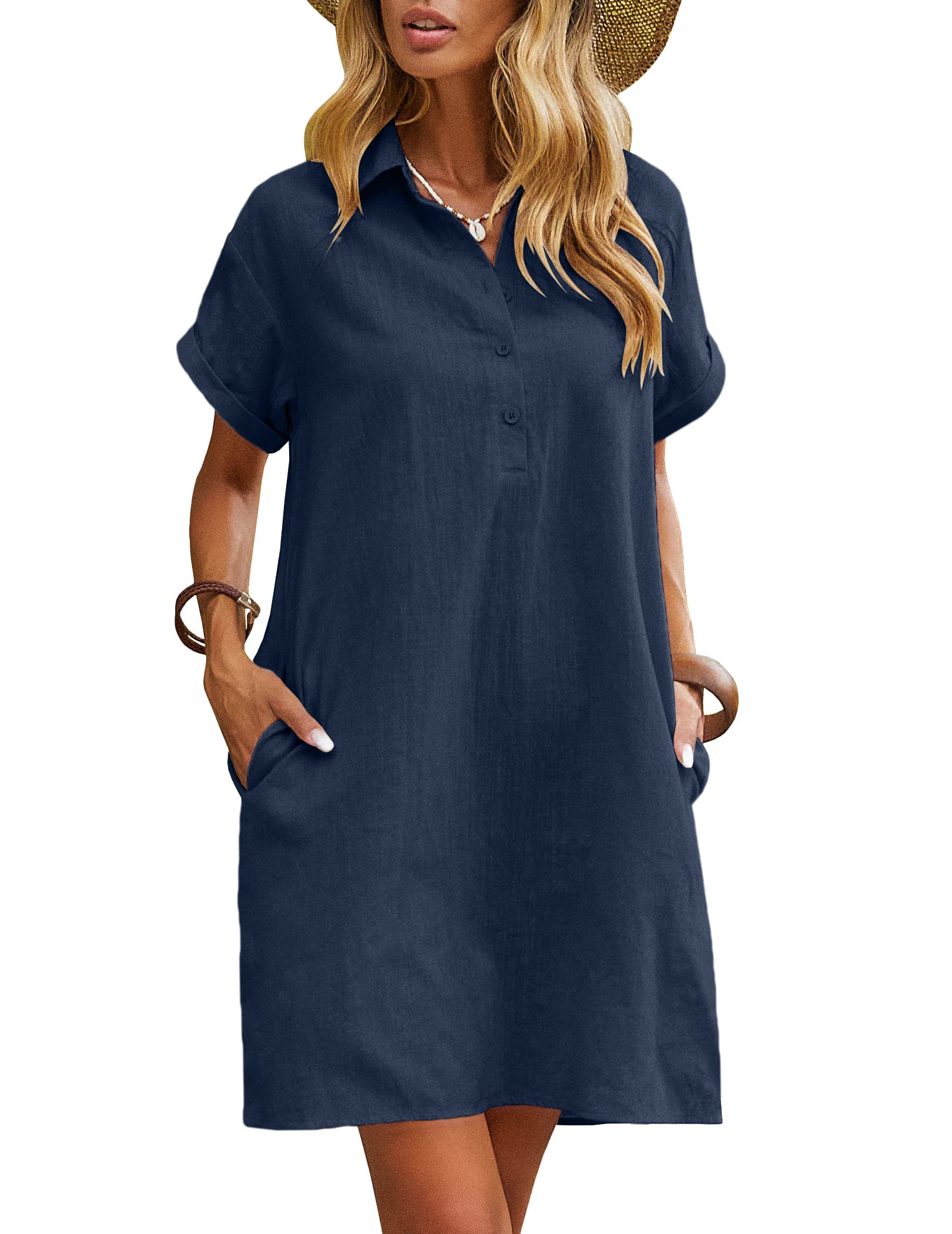 Zeagoo Women's Summer 100% Cotton Linen Dress Casual Short Sleeve Beach Dresses Tunic Dress with Pockets