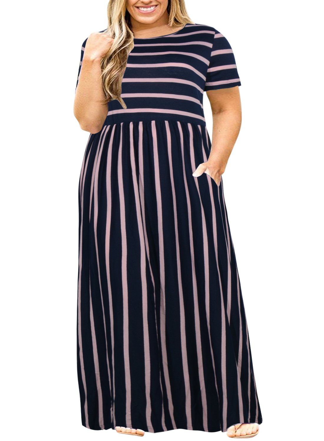 Nemidor Women Short Sleeve Loose Plain Casual Plus Size Long Maxi Dress with Pockets
