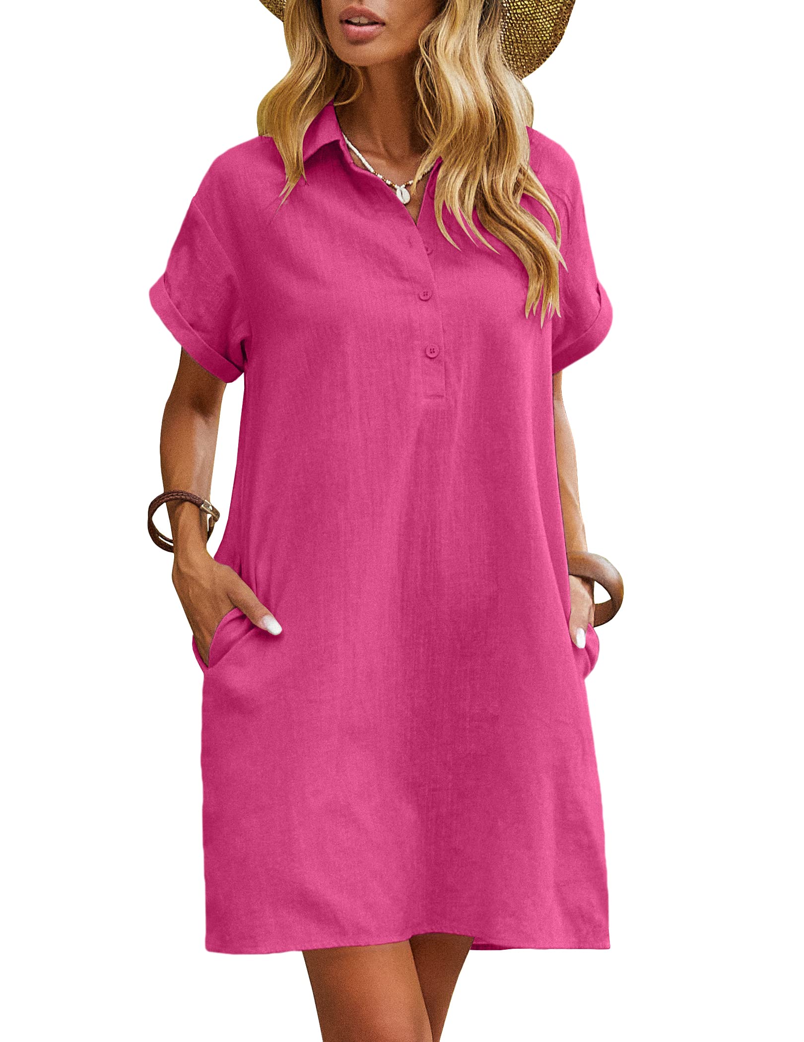 Zeagoo Women's Summer 100% Cotton Linen Dress Casual Short Sleeve Beach Dresses Tunic Dress with Pockets