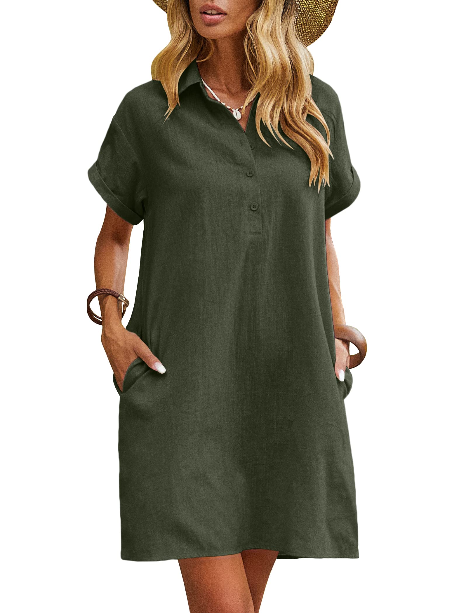 Zeagoo Women's Summer 100% Cotton Linen Dress Casual Short Sleeve Beach Dresses Tunic Dress with Pockets