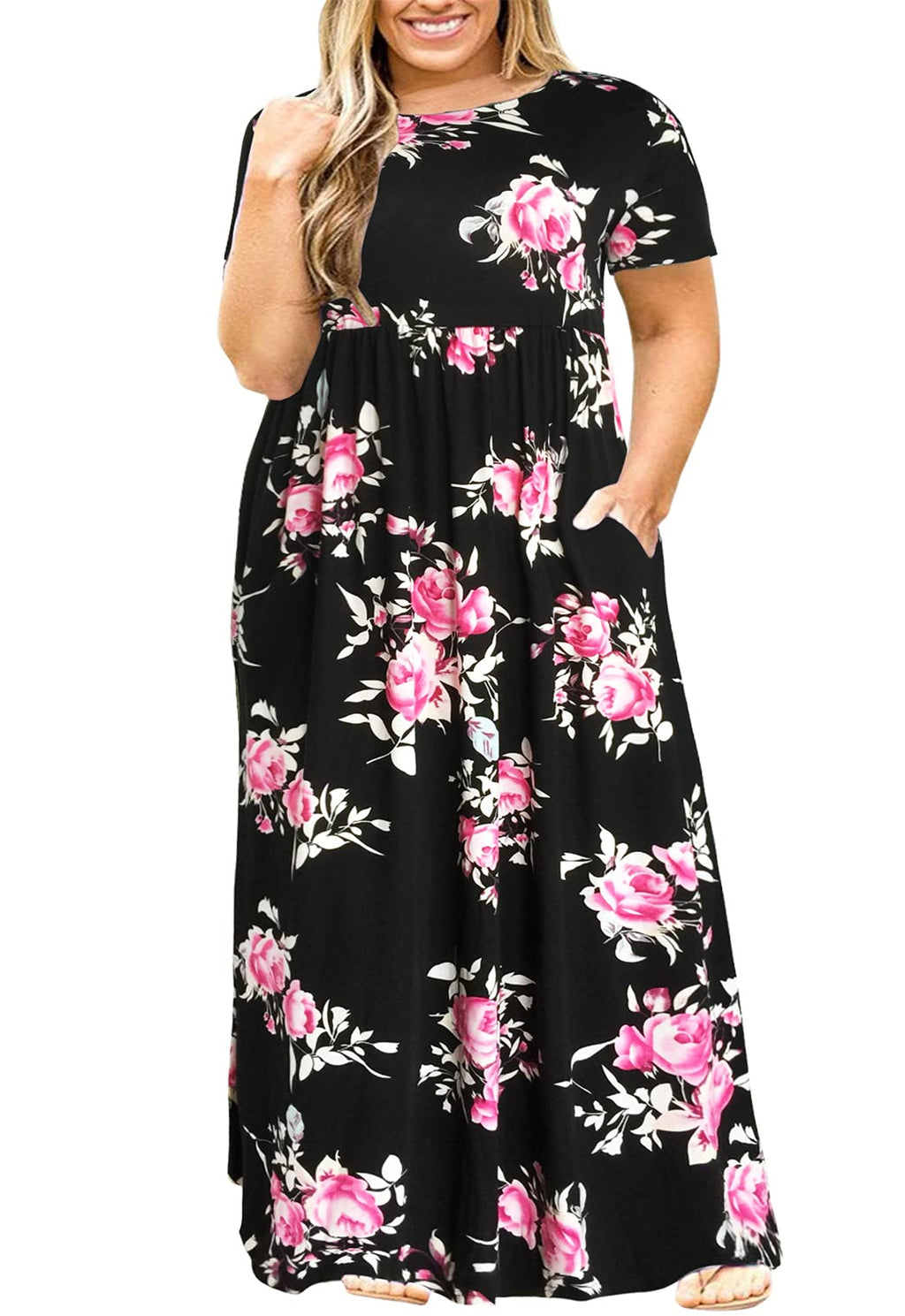 Nemidor Women Short Sleeve Loose Plain Casual Plus Size Long Maxi Dress with Pockets