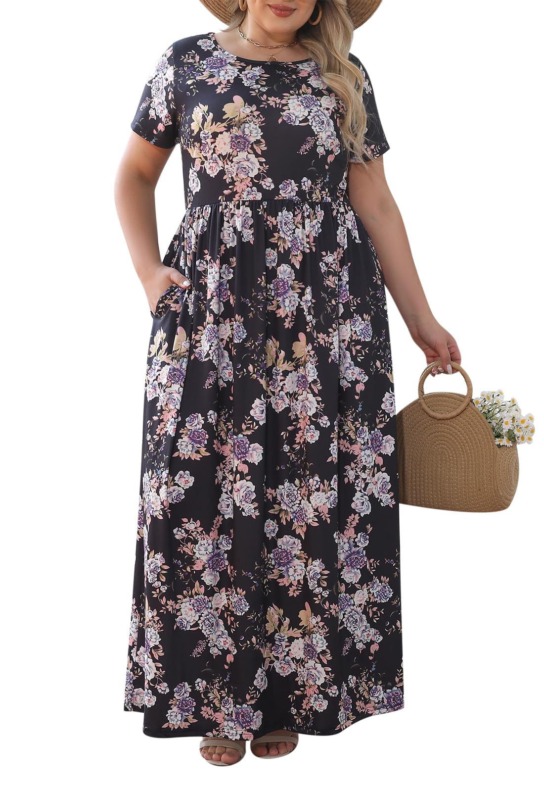 Nemidor Women Short Sleeve Loose Plain Casual Plus Size Long Maxi Dress with Pockets