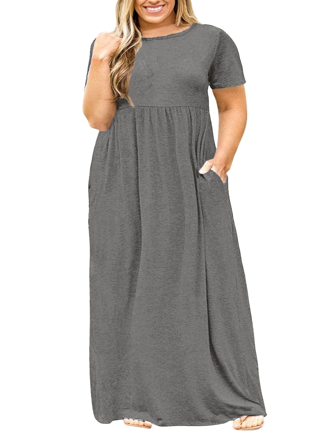 Nemidor Women Short Sleeve Loose Plain Casual Plus Size Long Maxi Dress with Pockets