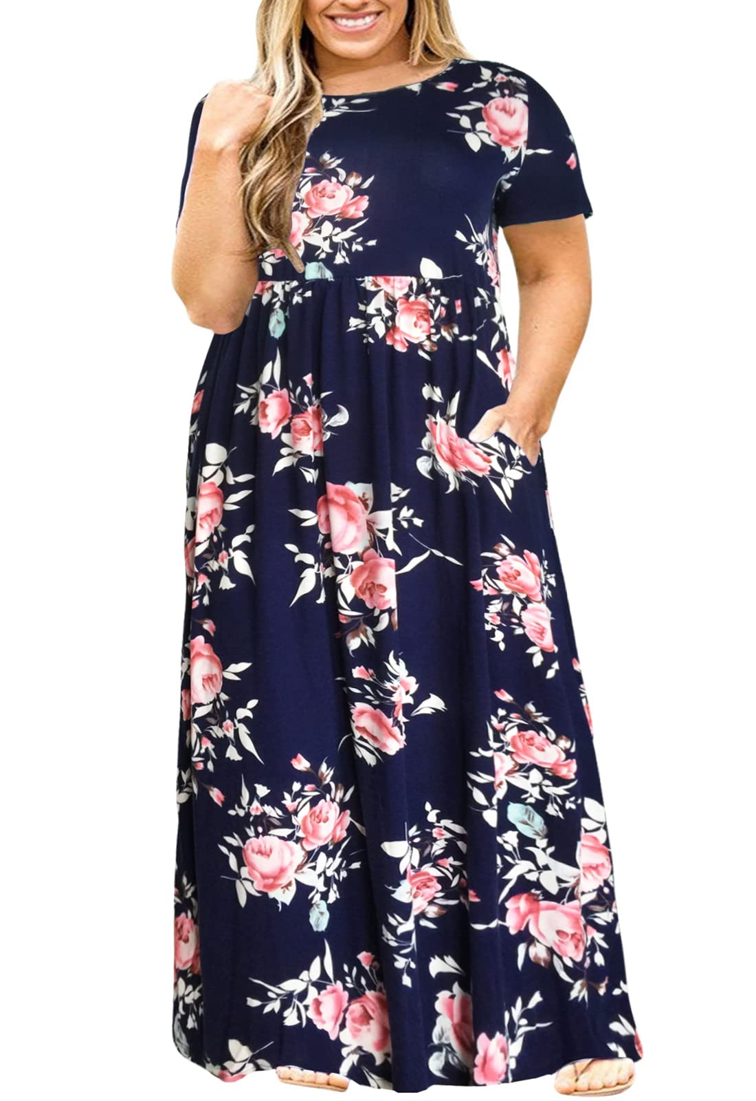 Nemidor Women Short Sleeve Loose Plain Casual Plus Size Long Maxi Dress with Pockets