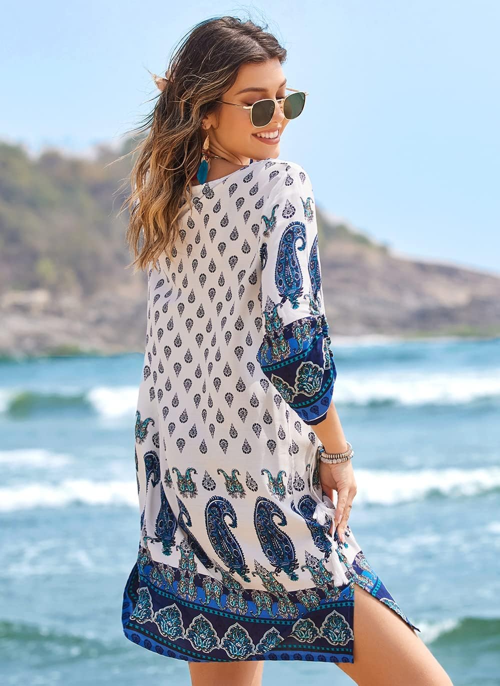 Zeagoo Women Dresses Bohemian Floral 3/4 Sleeve Summer Casual Beach Dress Kaftan Dress for Ladies