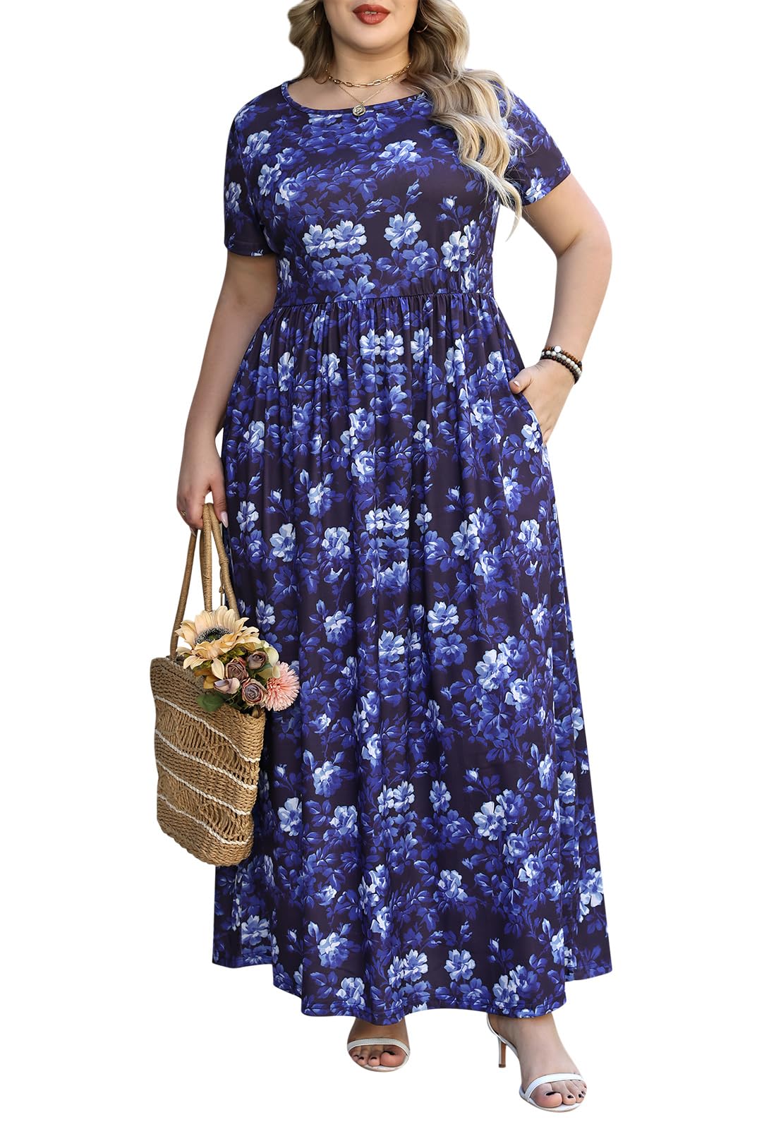 Nemidor Women Short Sleeve Loose Plain Casual Plus Size Long Maxi Dress with Pockets