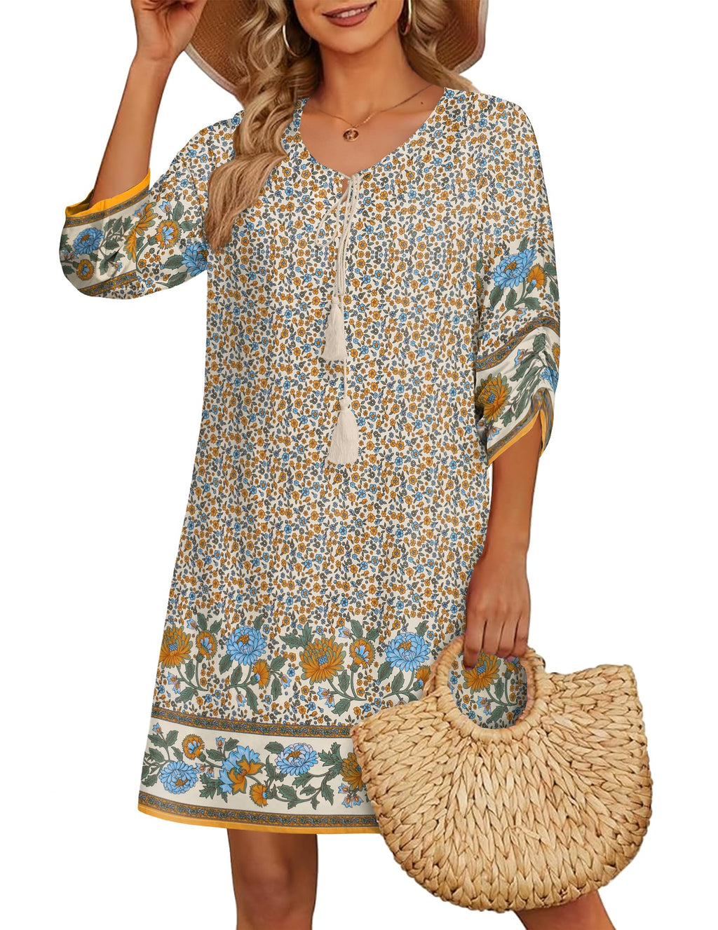 Zeagoo Women Dresses Bohemian Floral 3/4 Sleeve Summer Casual Beach Dress Kaftan Dress for Ladies