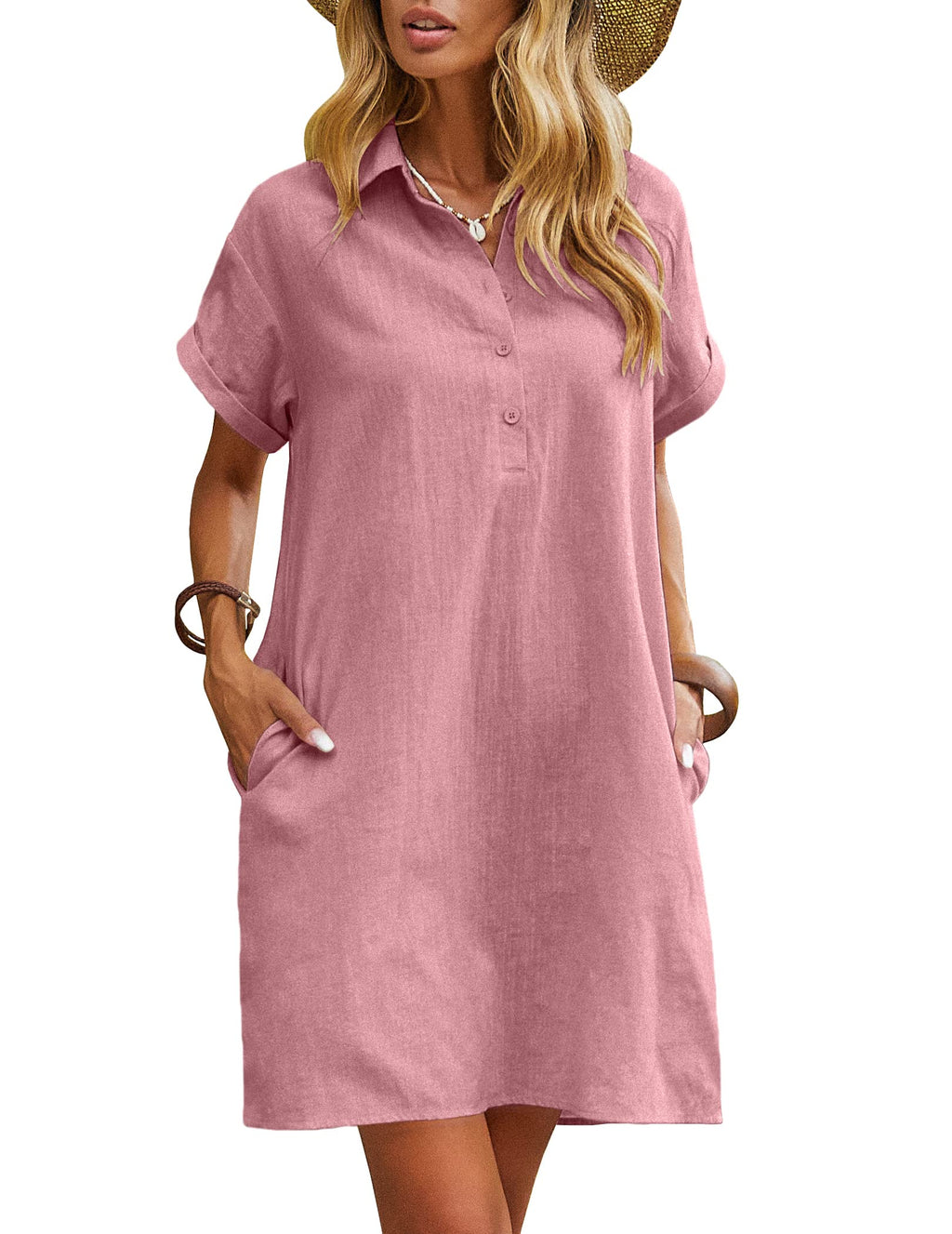 Zeagoo Women's Summer 100% Cotton Linen Dress Casual Short Sleeve Beach Dresses Tunic Dress with Pockets