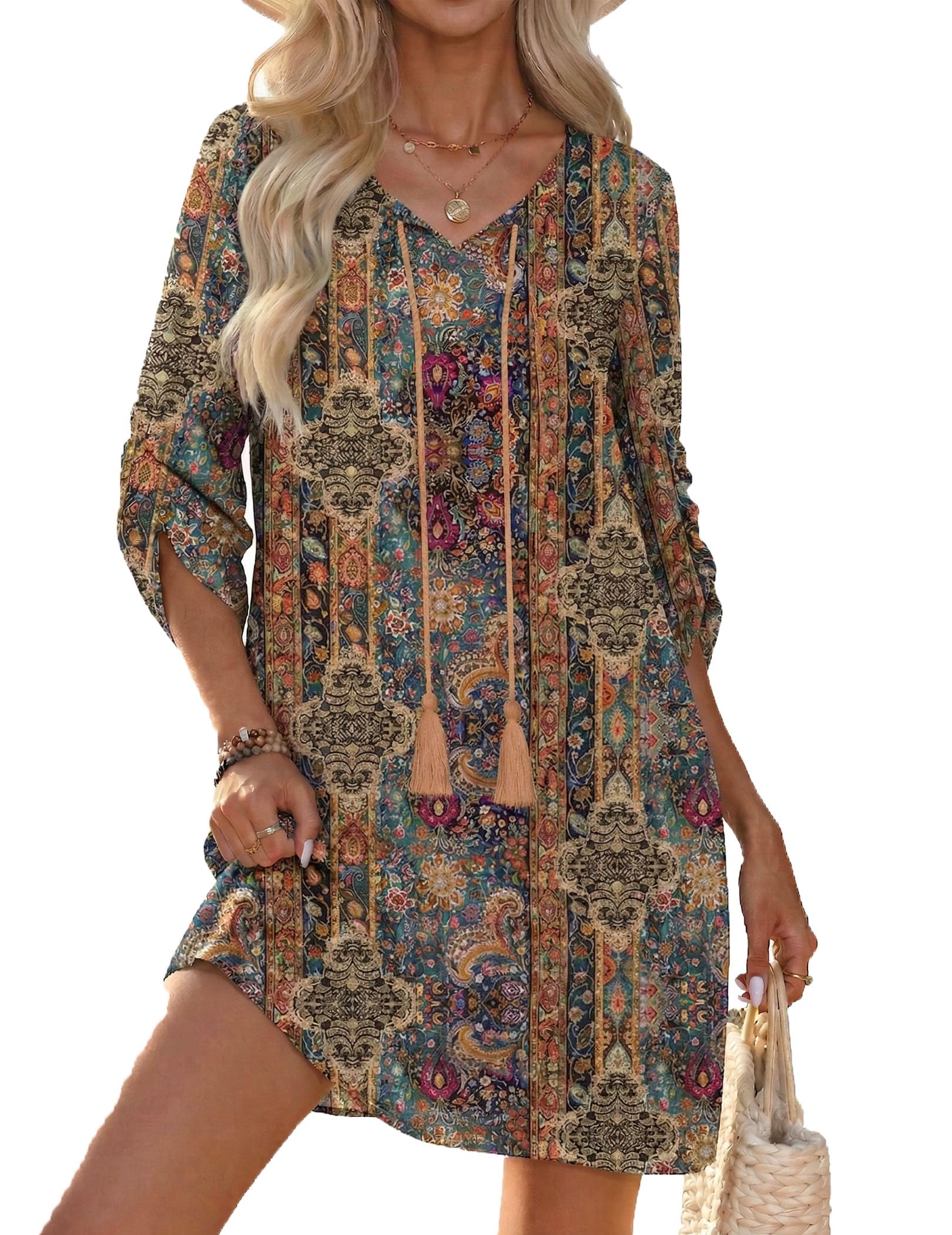 Zeagoo Women Dresses Bohemian Floral 3/4 Sleeve Summer Casual Beach Dress Kaftan Dress for Ladies
