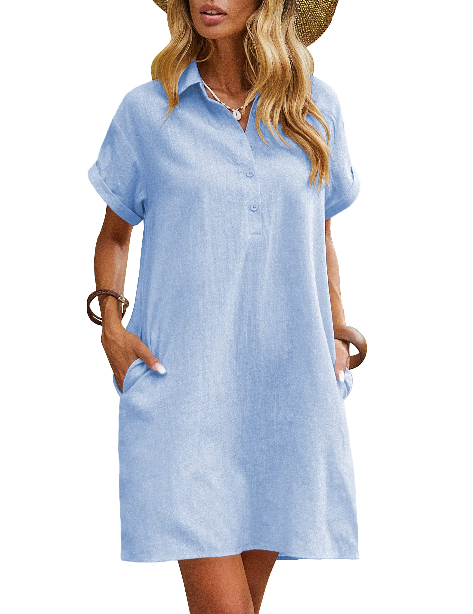Zeagoo Women's Summer 100% Cotton Linen Dress Casual Short Sleeve Beach Dresses Tunic Dress with Pockets