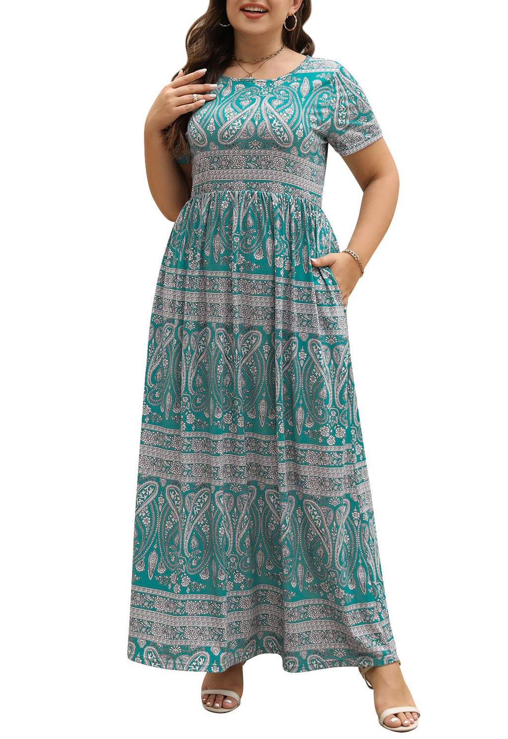 Nemidor Women Short Sleeve Loose Plain Casual Plus Size Long Maxi Dress with Pockets