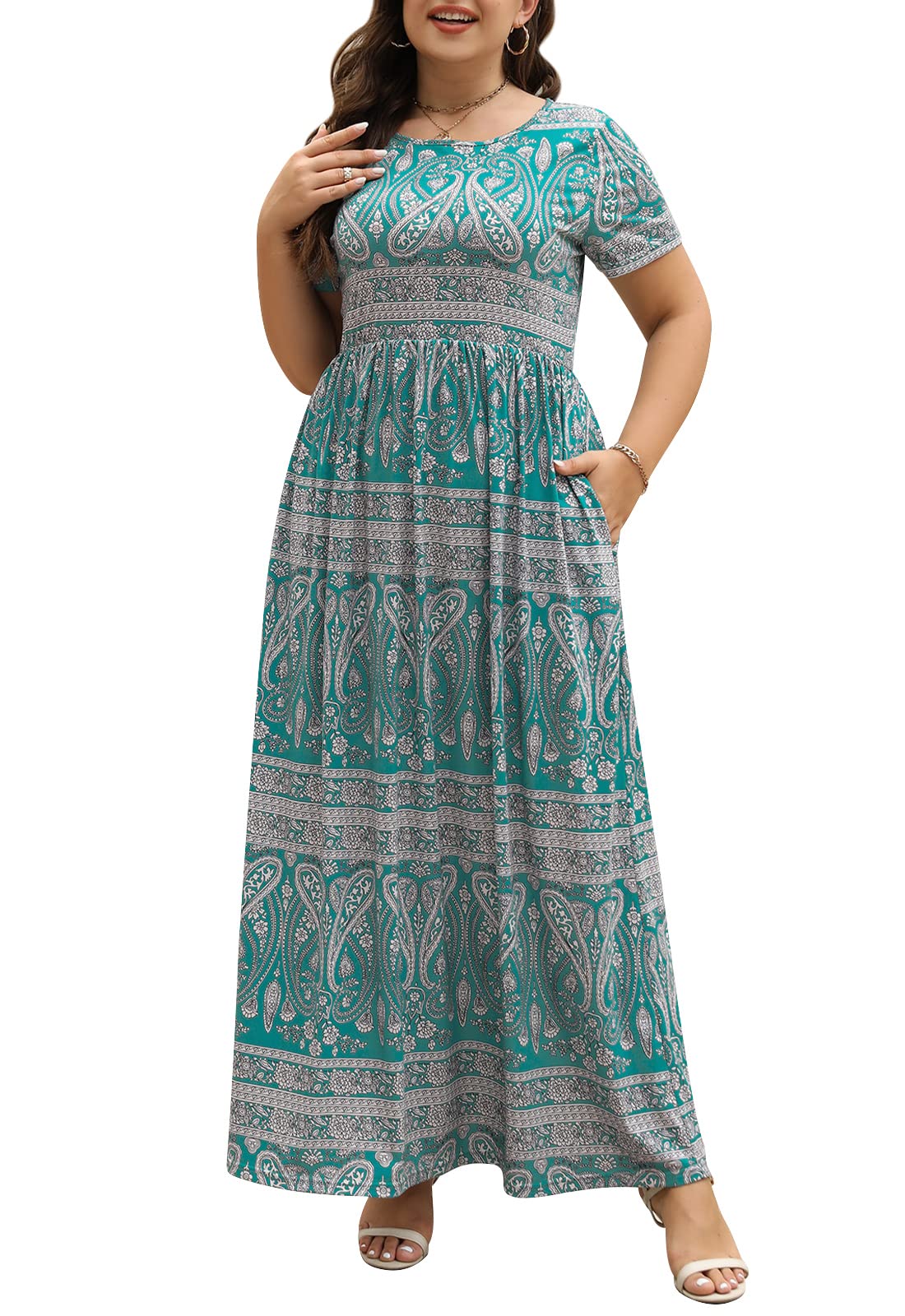 Nemidor Women Short Sleeve Loose Plain Casual Plus Size Long Maxi Dress with Pockets