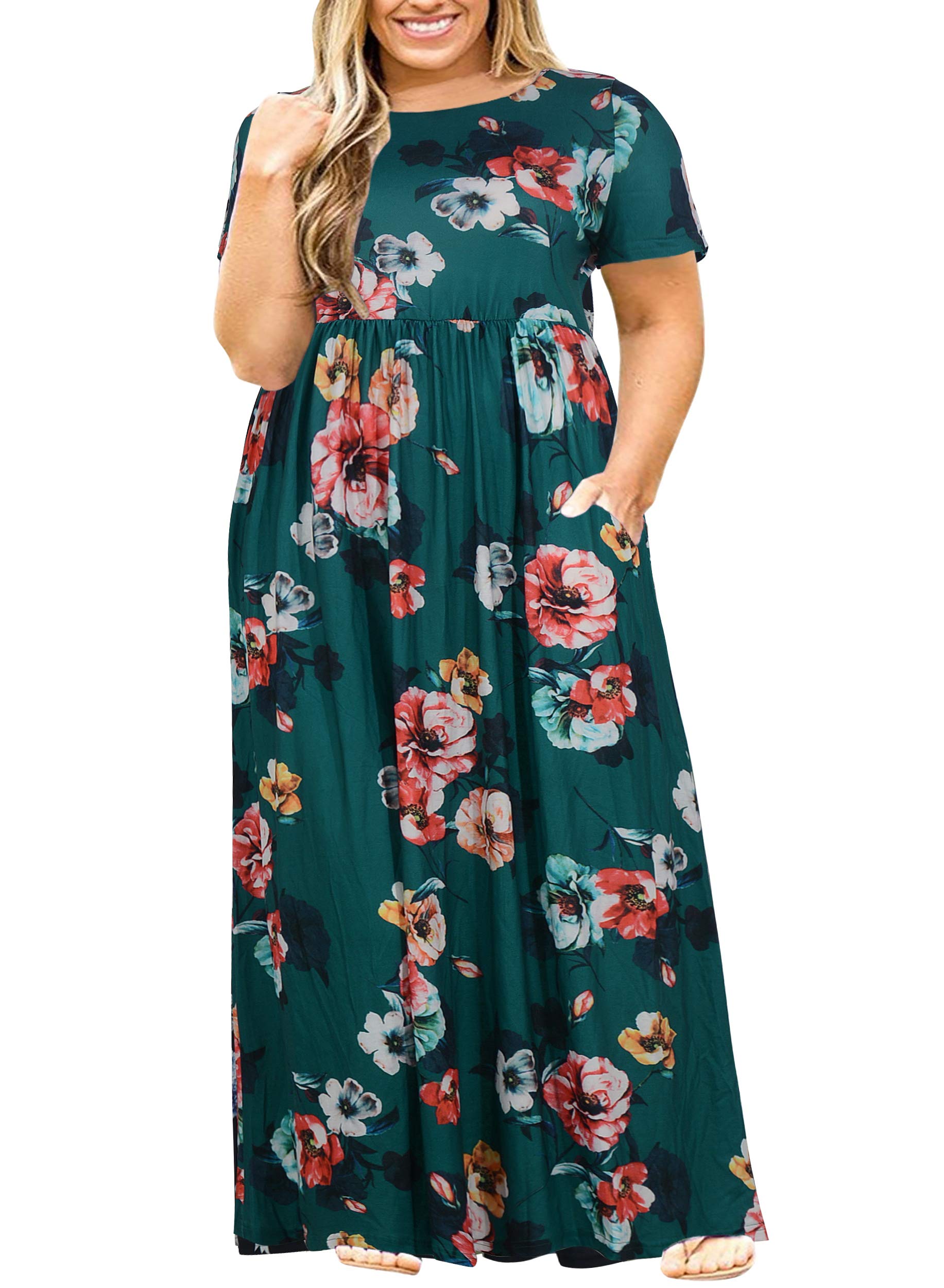 Nemidor Women Short Sleeve Loose Plain Casual Plus Size Long Maxi Dress with Pockets