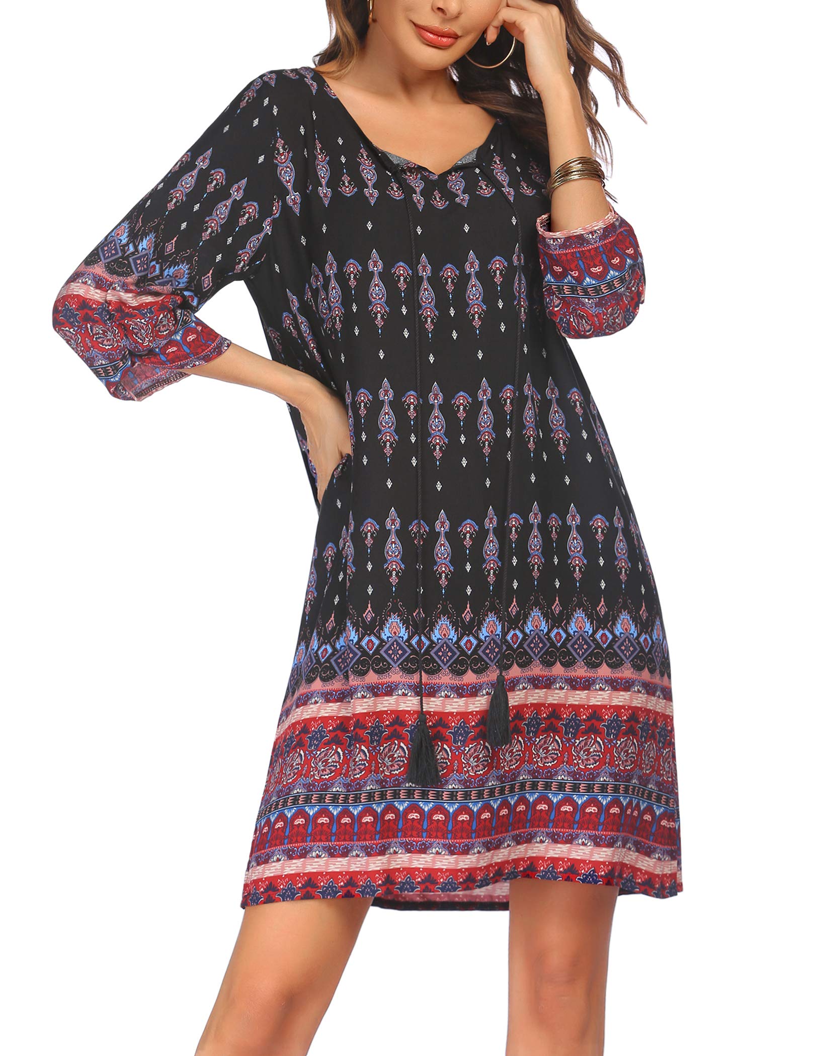 Zeagoo Women Dresses Bohemian Floral 3/4 Sleeve Summer Casual Beach Dress Kaftan Dress for Ladies