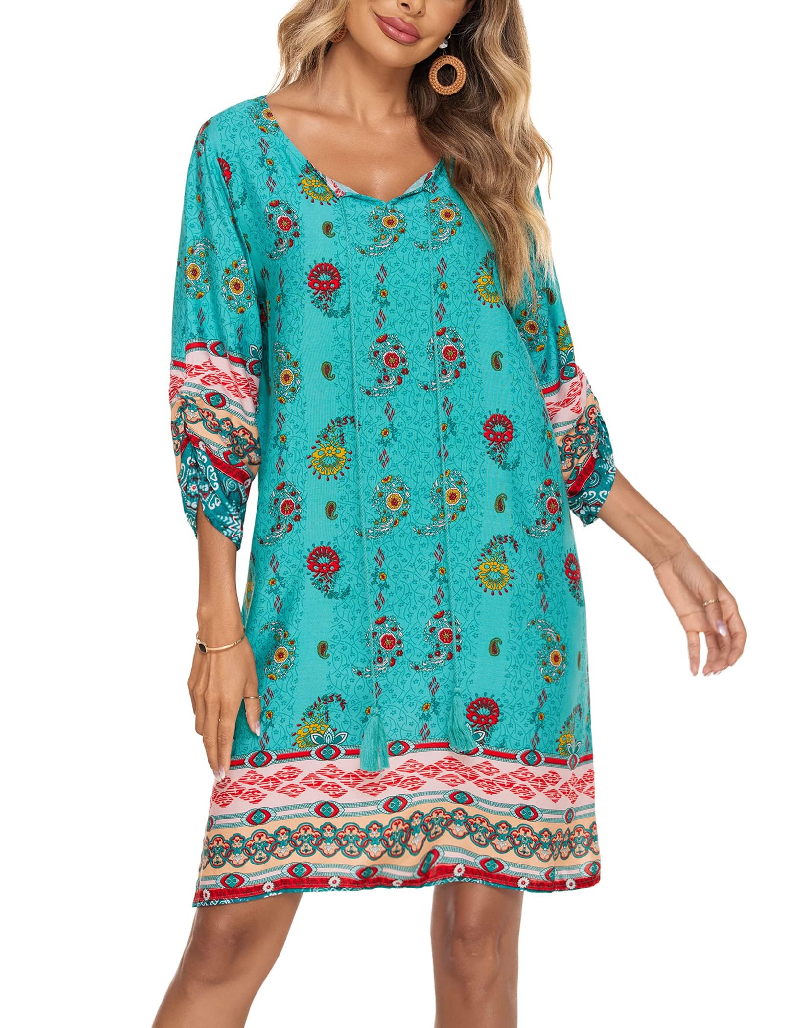 Zeagoo Women Dresses Bohemian Floral 3/4 Sleeve Summer Casual Beach Dress Kaftan Dress for Ladies