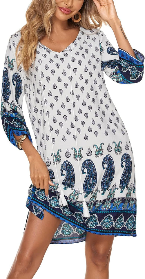 Zeagoo Women Dresses Bohemian Floral 3/4 Sleeve Summer Casual Beach Dress Kaftan Dress for Ladies