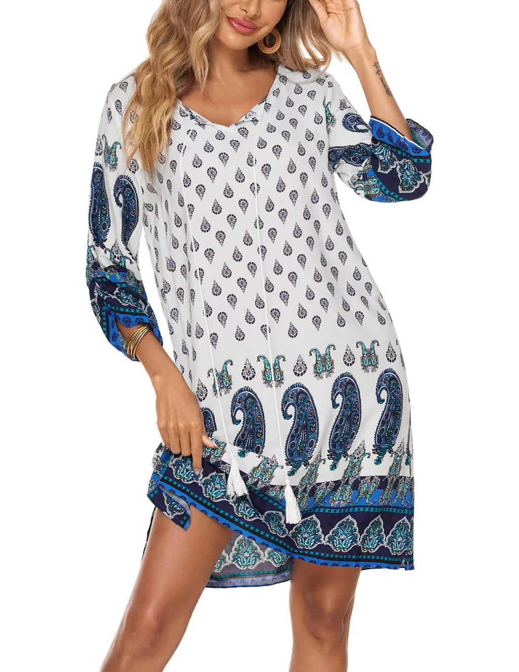 Zeagoo Women Dresses Bohemian Floral 3/4 Sleeve Summer Casual Beach Dress Kaftan Dress for Ladies