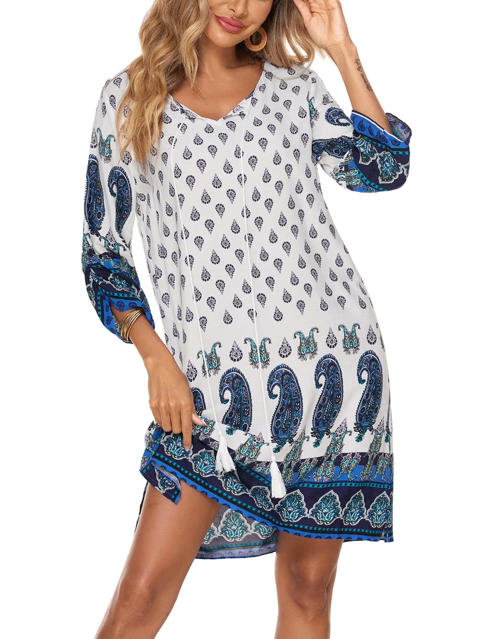 Zeagoo Women Dresses Bohemian Floral 3/4 Sleeve Summer Casual Beach Dress Kaftan Dress for Ladies