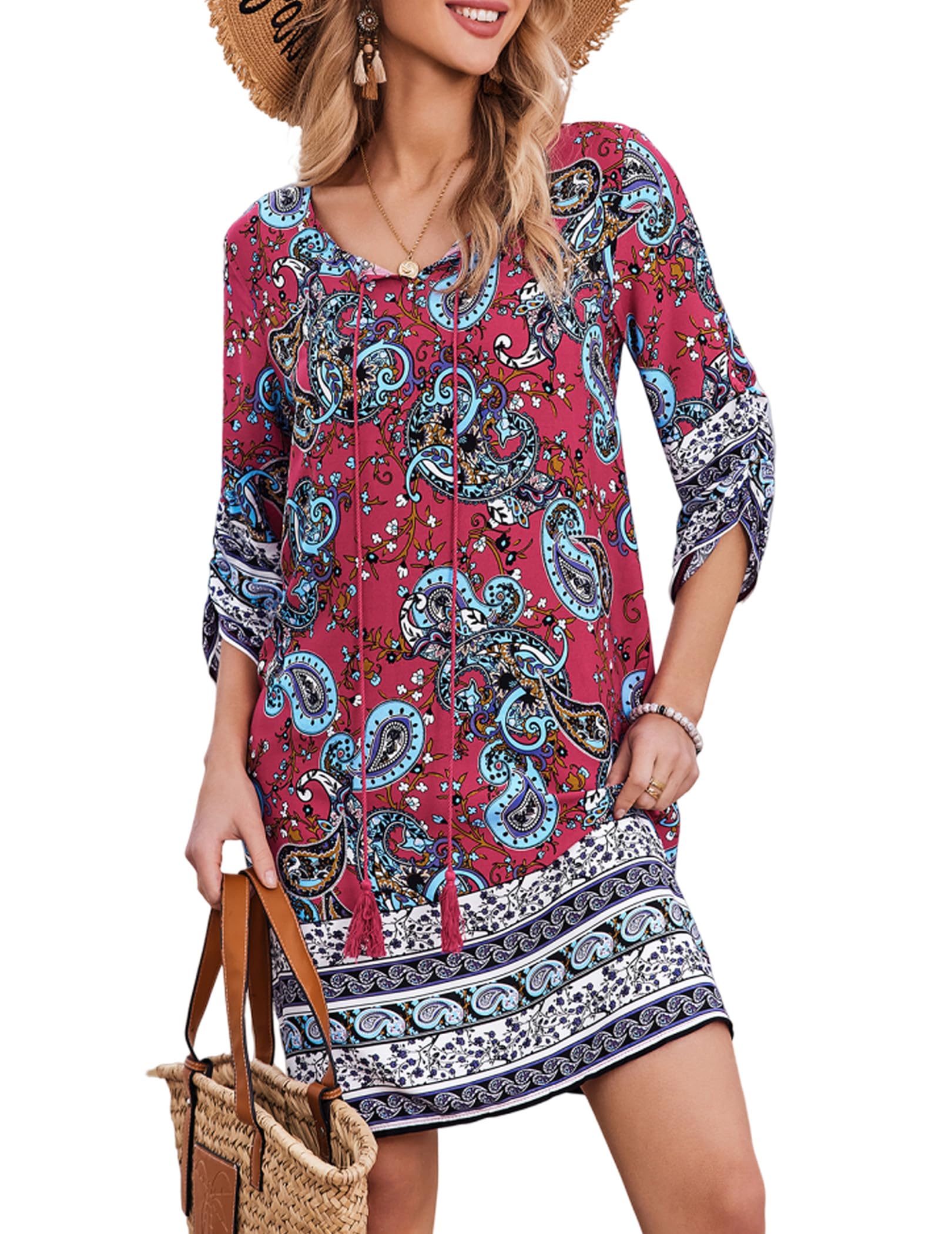 Zeagoo Women Dresses Bohemian Floral 3/4 Sleeve Summer Casual Beach Dress Kaftan Dress for Ladies