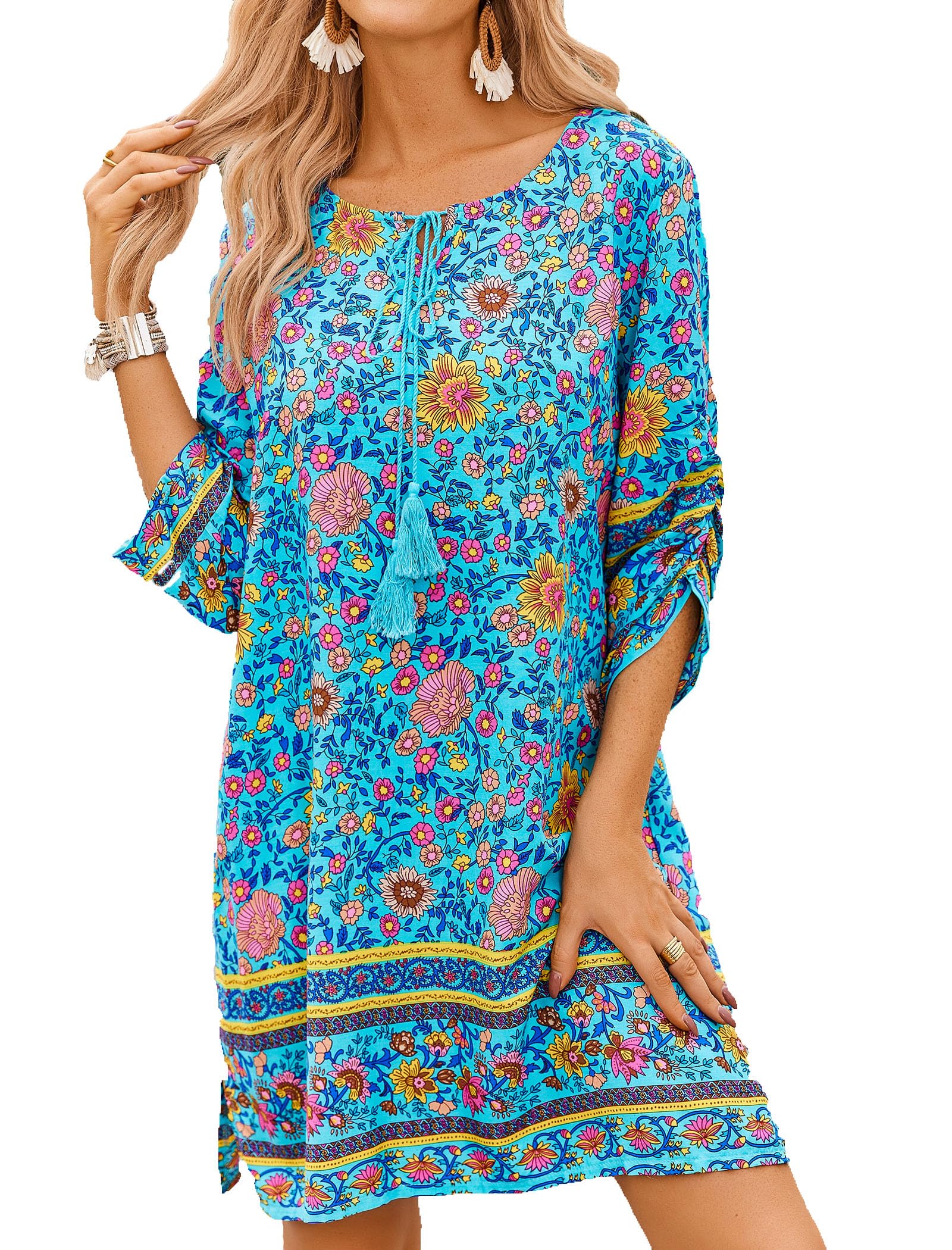 Zeagoo Women Dresses Bohemian Floral 3/4 Sleeve Summer Casual Beach Dress Kaftan Dress for Ladies