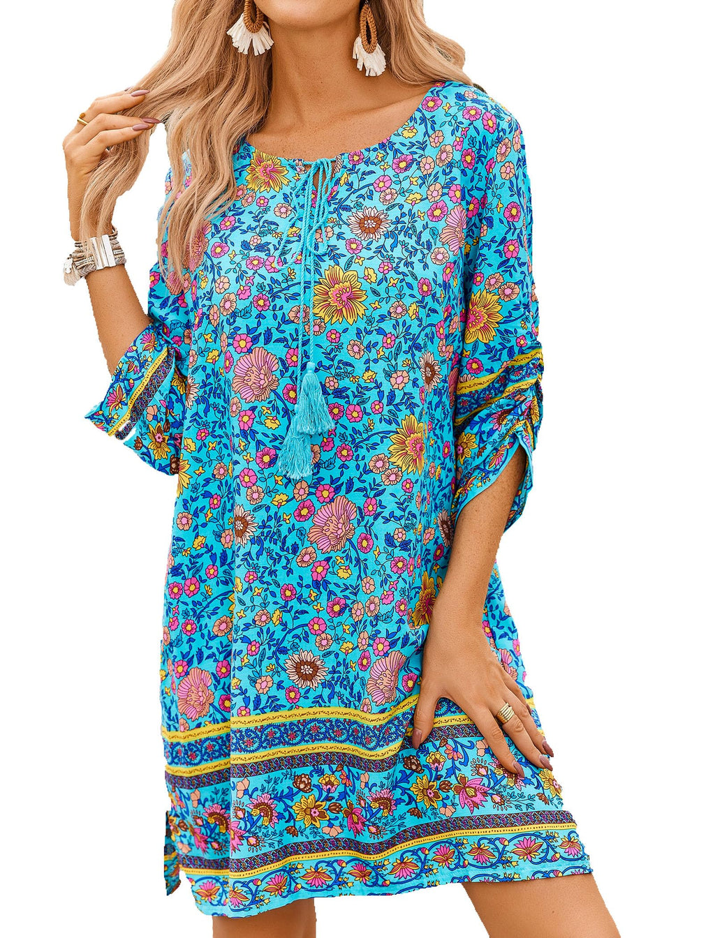 Zeagoo Women Dresses Bohemian Floral 3/4 Sleeve Summer Casual Beach Dress Kaftan Dress for Ladies