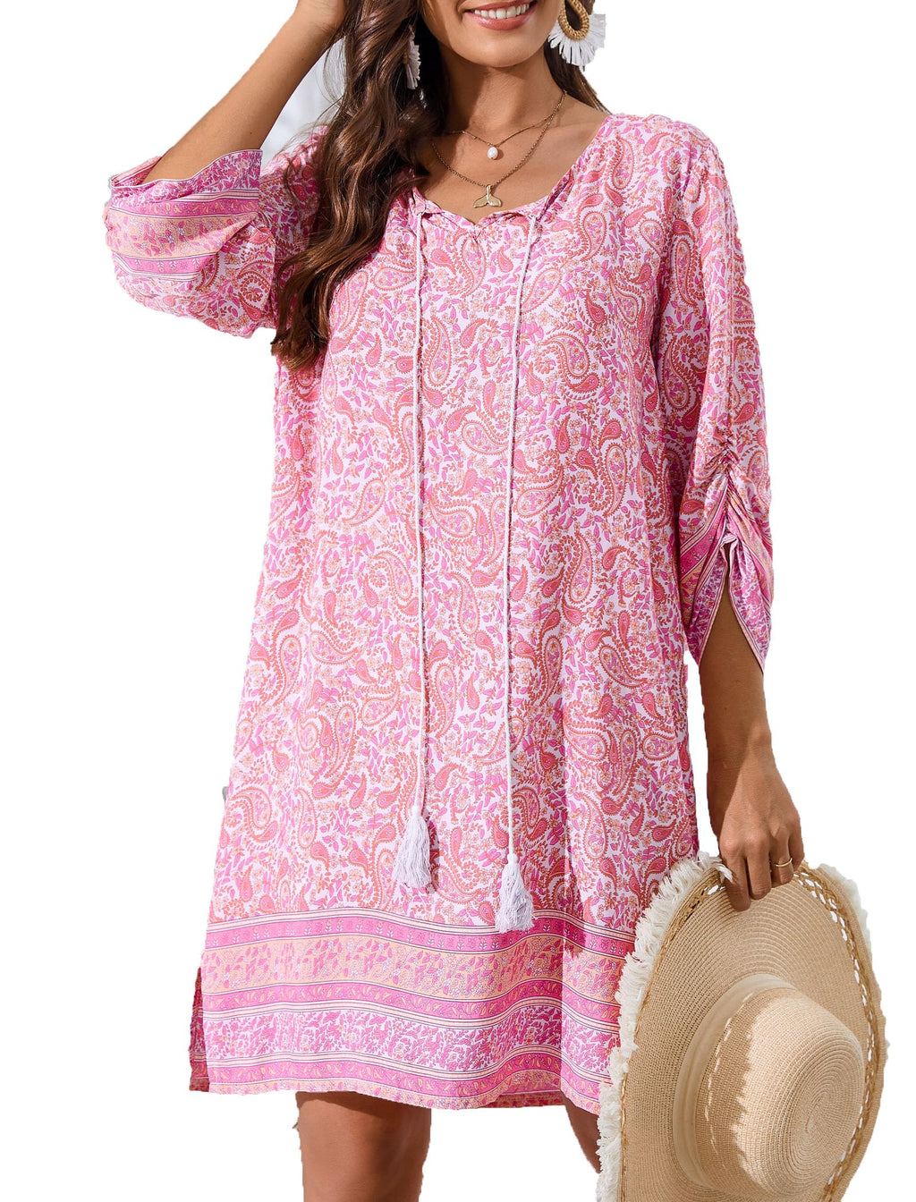 Zeagoo Women Dresses Bohemian Floral 3/4 Sleeve Summer Casual Beach Dress Kaftan Dress for Ladies
