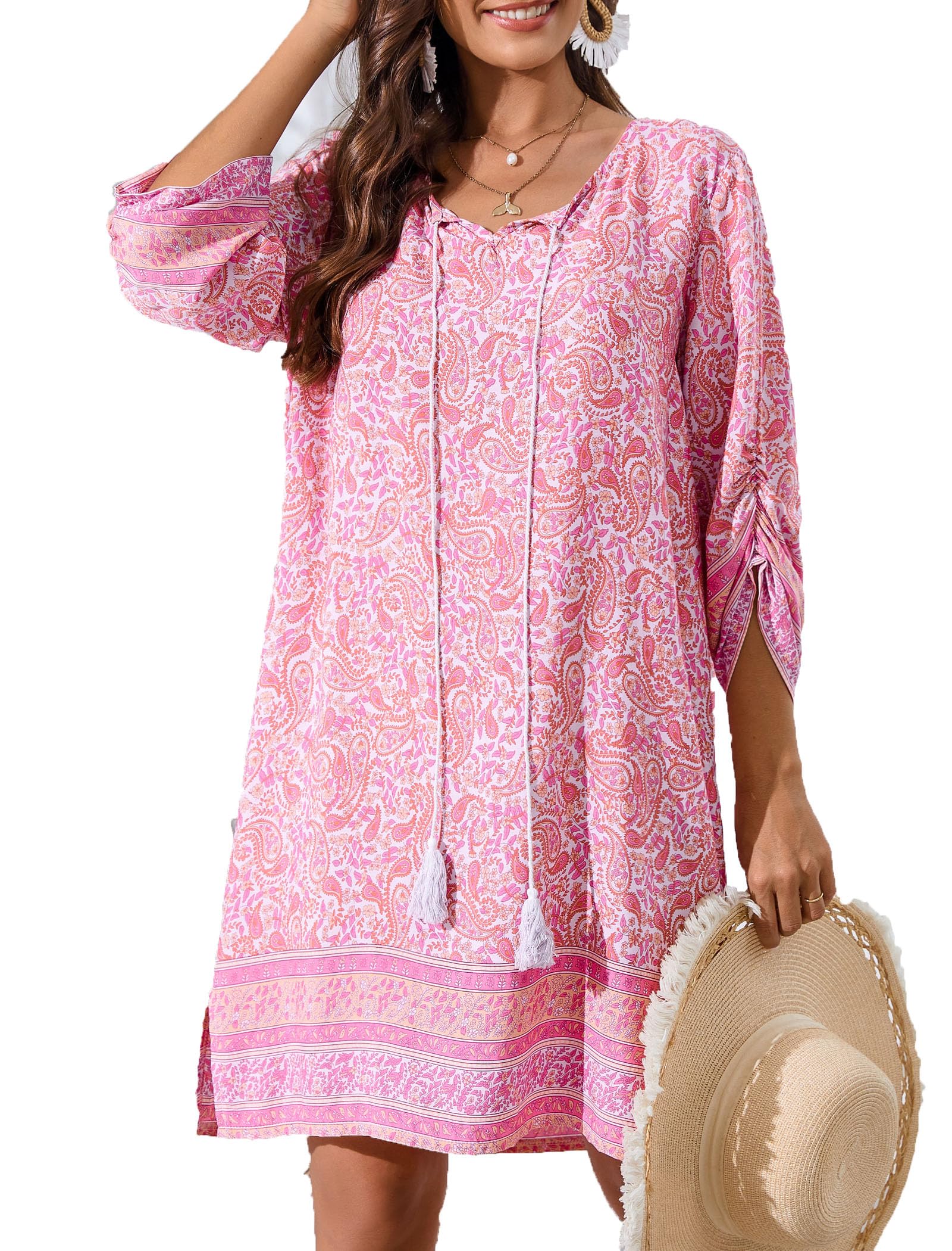 Zeagoo Women Dresses Bohemian Floral 3/4 Sleeve Summer Casual Beach Dress Kaftan Dress for Ladies