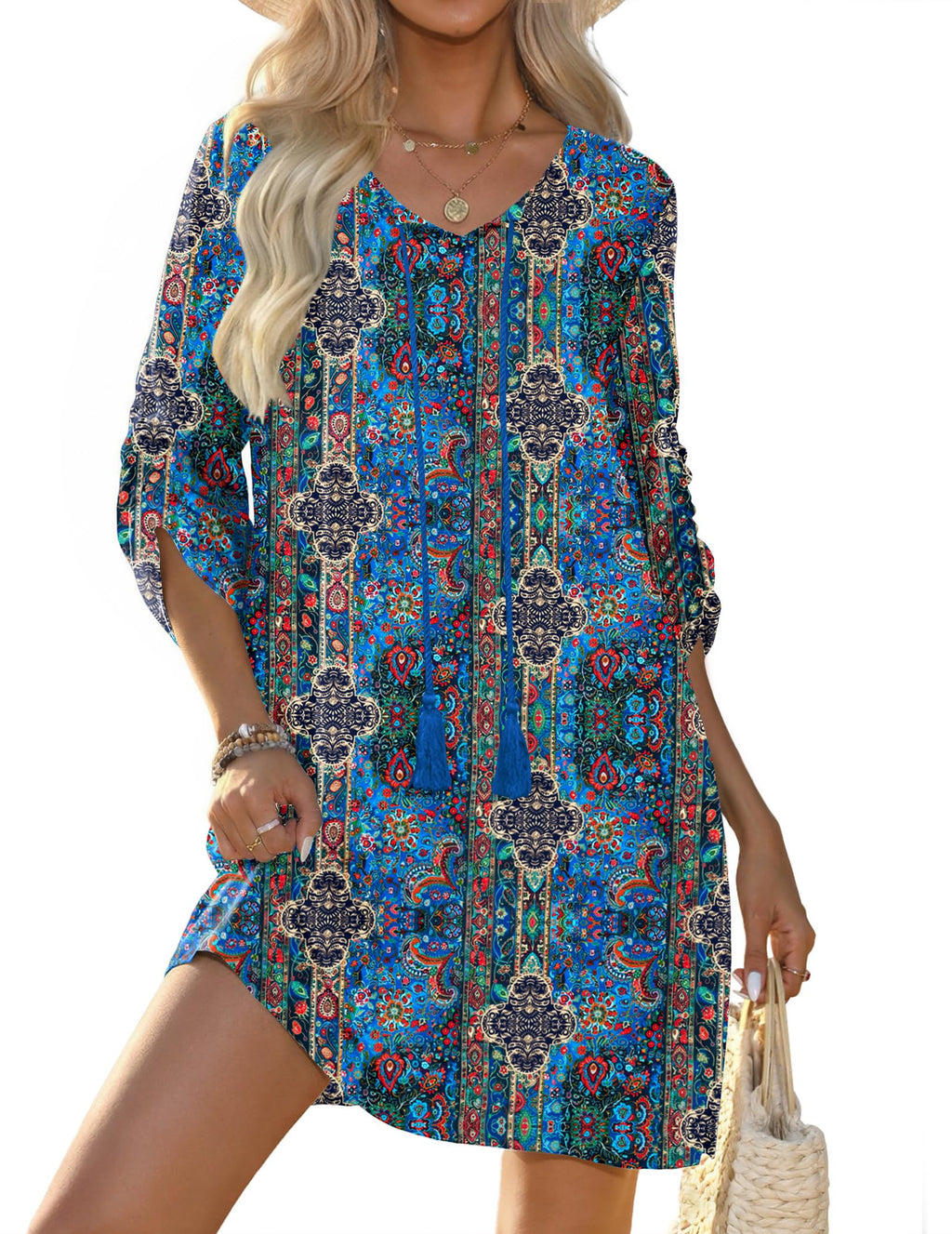 Zeagoo Women Dresses Bohemian Floral 3/4 Sleeve Summer Casual Beach Dress Kaftan Dress for Ladies