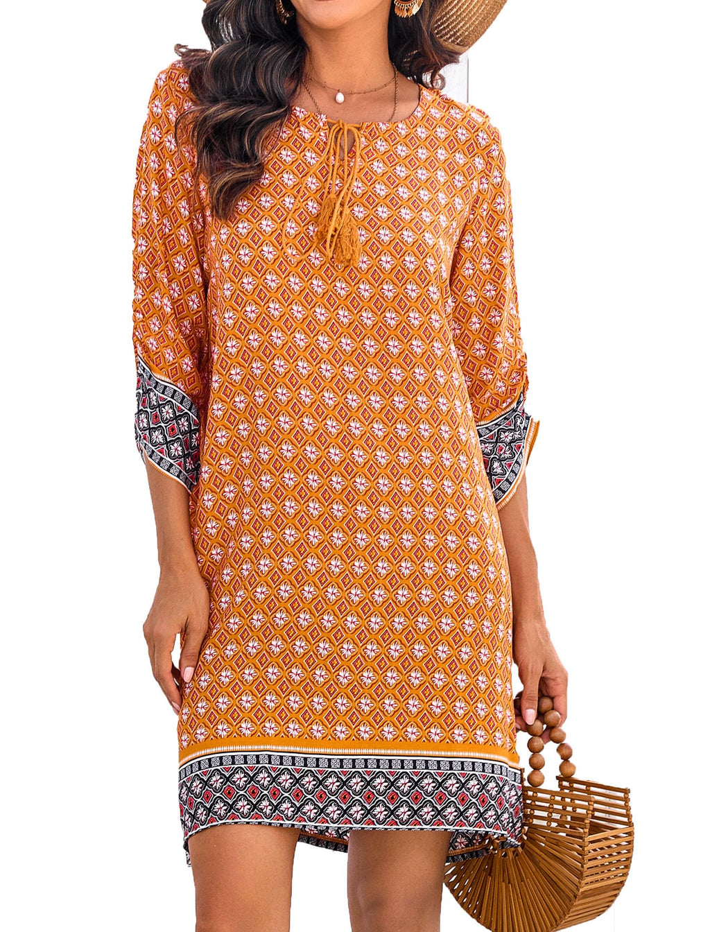 Zeagoo Women Dresses Bohemian Floral 3/4 Sleeve Summer Casual Beach Dress Kaftan Dress for Ladies