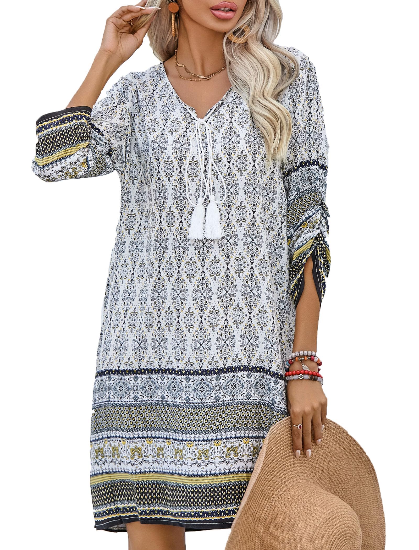 Zeagoo Women Dresses Bohemian Floral 3/4 Sleeve Summer Casual Beach Dress Kaftan Dress for Ladies